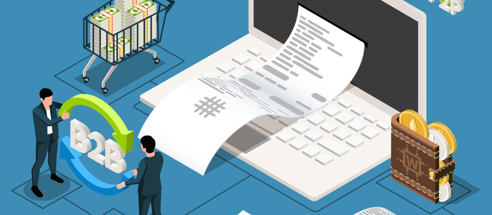 Fintech isometric composition with icons and pictograms of cash wallets and payment transactions with receipt bills vector illustration
